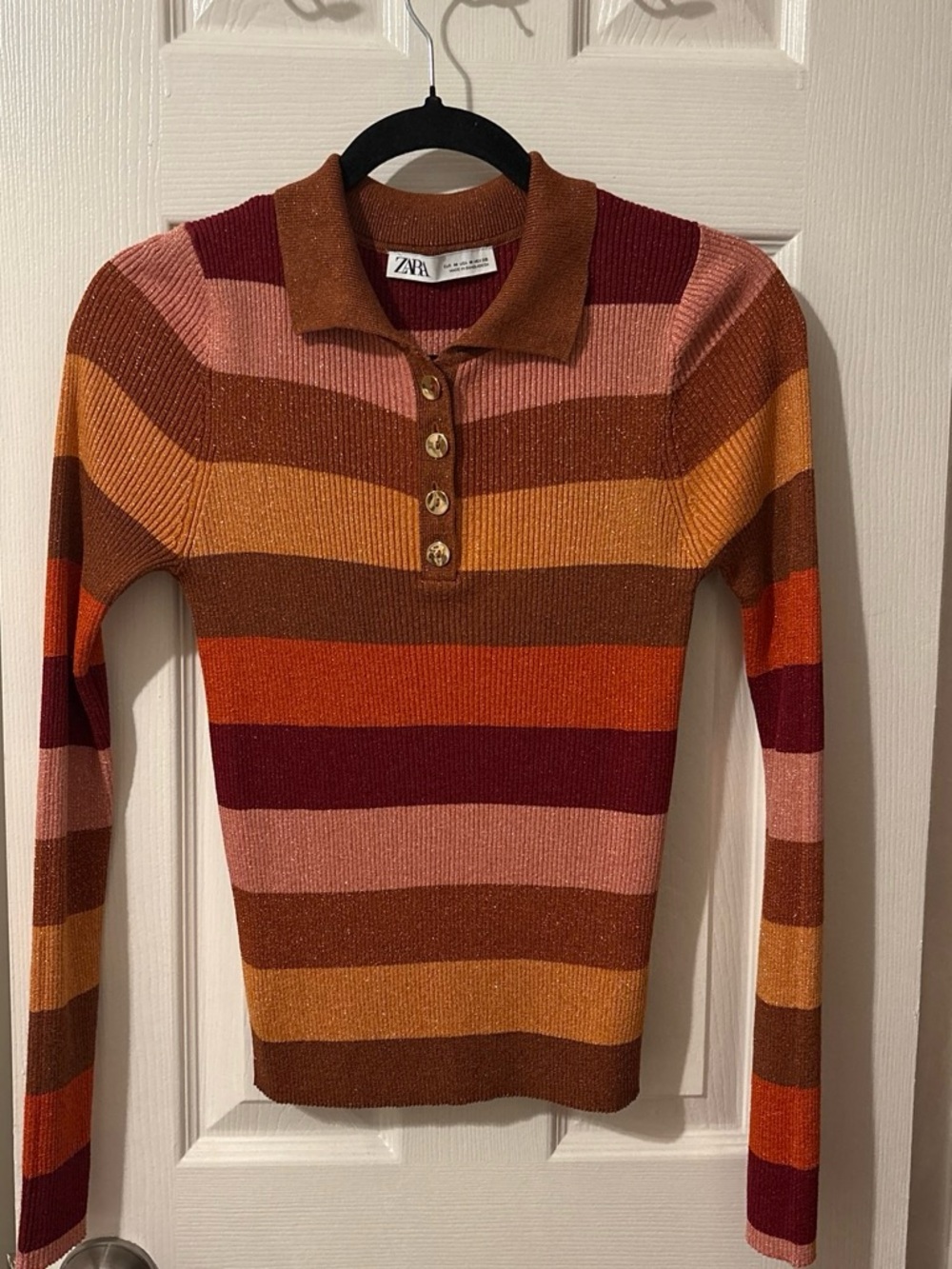 ZARA Multicolor Striped Long-Sleeve Polo Sweater - Rust Pink Burgundy Orange